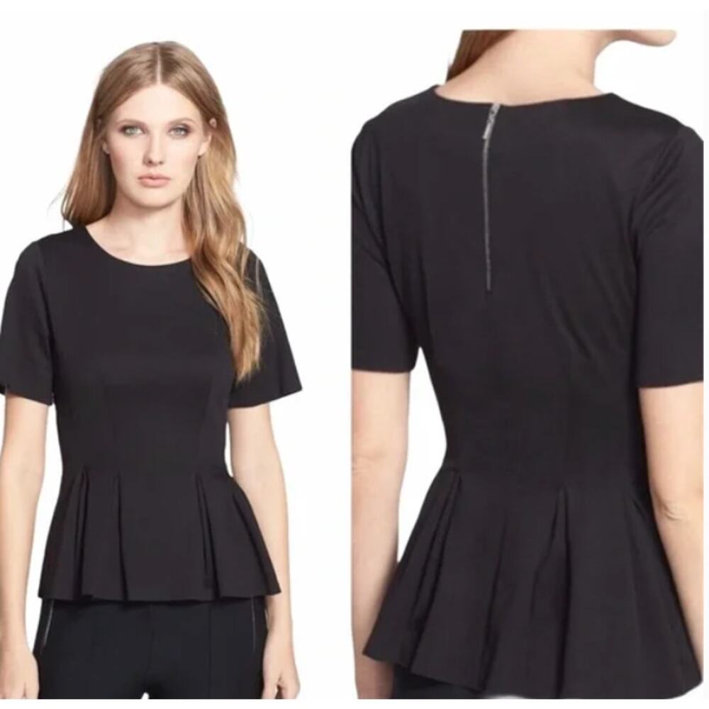Rebecca Taylor Women’s Short Sleeve Back Zip Cotton Peplum Top Size S Black